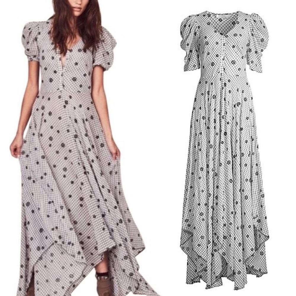 LoveShackFancy Coralie Puff Sleeve V Neck Midi Dress Charcoal Floral Plaid US 0 - Picture 5 of 12
